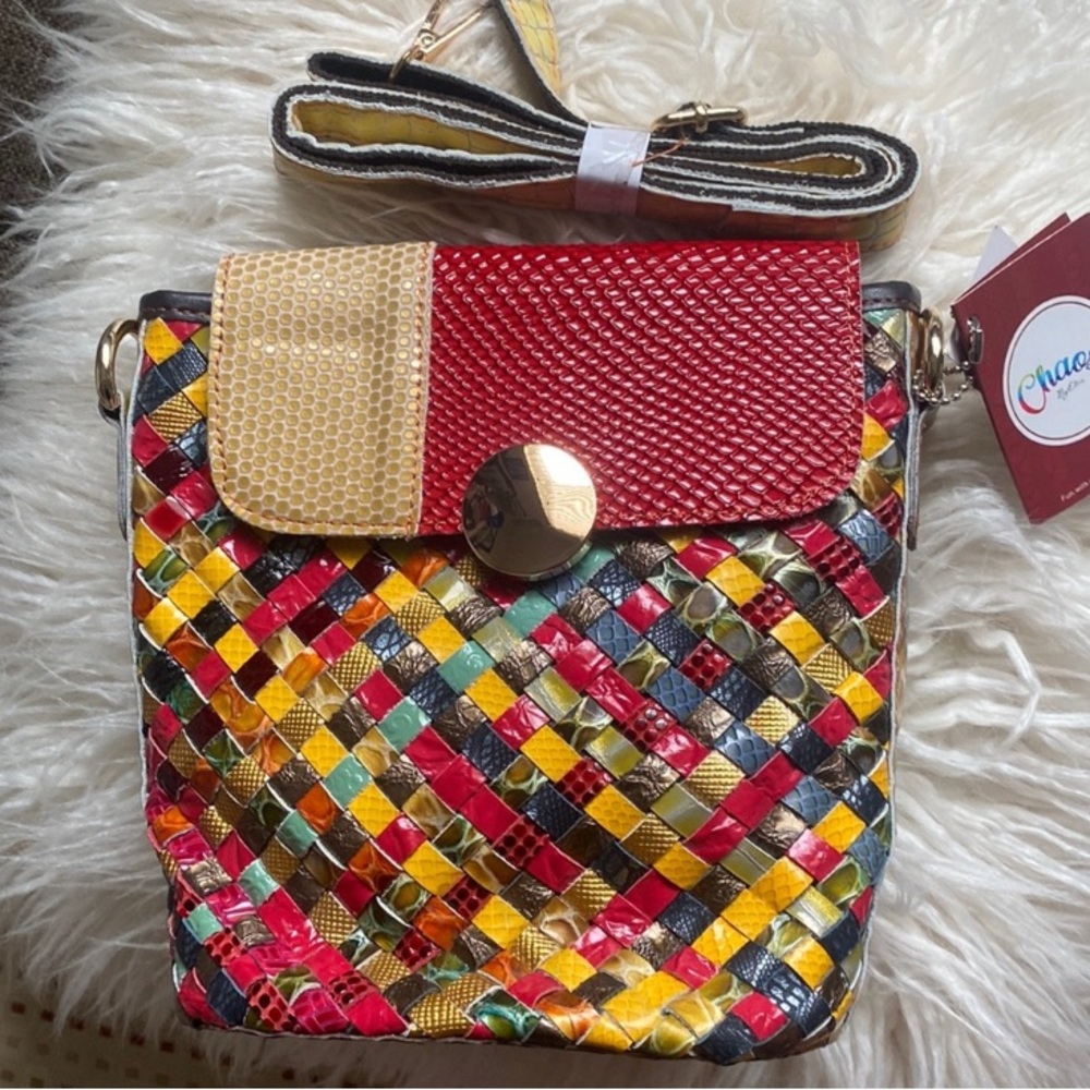 Vibrant Red and Yellow Crossbody Bag with Artisanal Weave